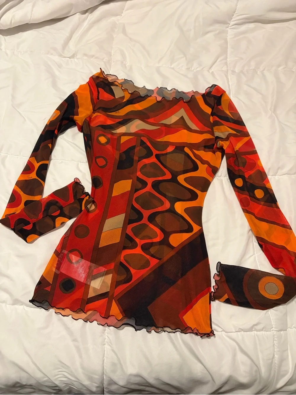 Emilio Pucci Red & Orange Geometric Sheer Long Sleeve Top and Pucci hair tie